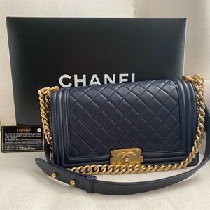 CHANEL Dark Blue Medium Lambskin Boy Bag with Brushed Gold Chain